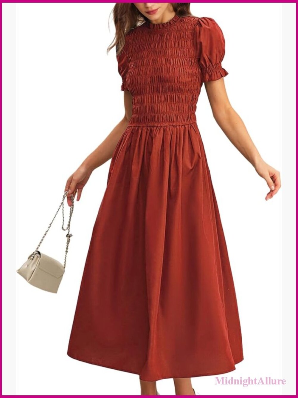 Puff Sleeve Smocked A-Line Midi Dress Boho Casual Sundress